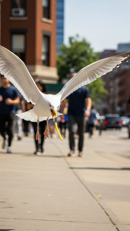 Seagull flying over the streets of Boston, Massachusetts, USA.の写真素材