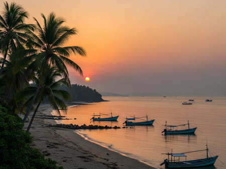 Sunset on the beach with fishing boats and palm trees.の写真素材
