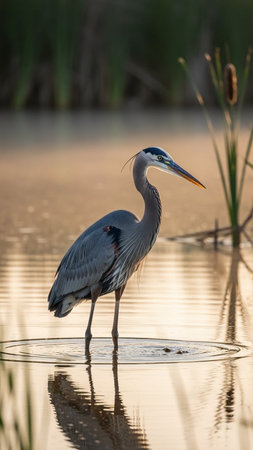 Great Blue Heron (Ardea herodias) in waterの写真素材