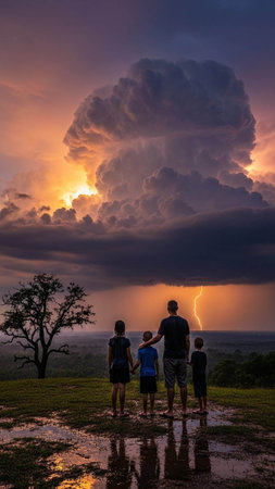 A family of three watching a thunder storm in the sky over a fieldの写真素材