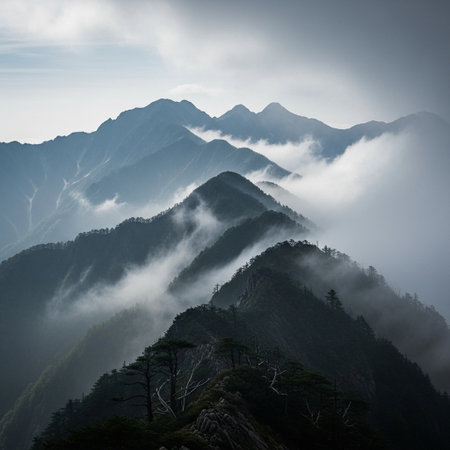 Mountain landscape with fog and clouds in Huangshan, Chinaの写真素材