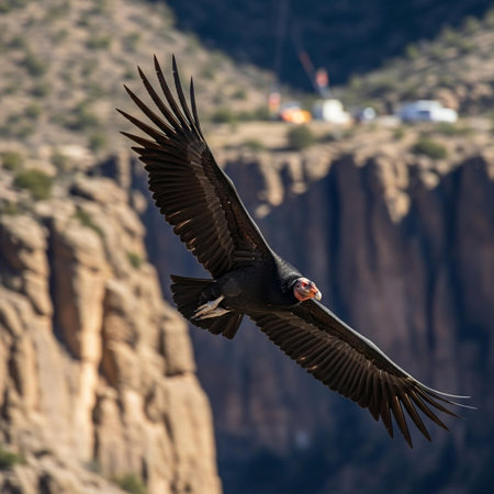 Andean condor (Vultur gryphus) flying over the canyonの写真素材