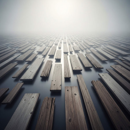 Wooden pier in a foggy morning. 3D render.の写真素材