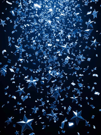 Silver stars and confetti on a dark blue background. 3d renderingの写真素材