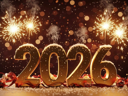 Happy New Year with fireworks and bokeh lights, celebration background