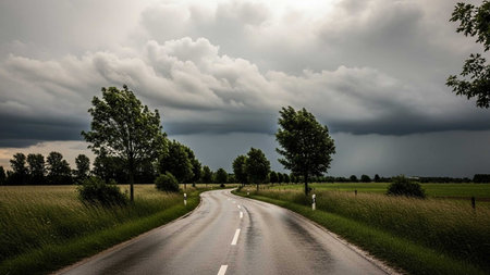 Storm clouds over the country road in summer, Poland, Europe.