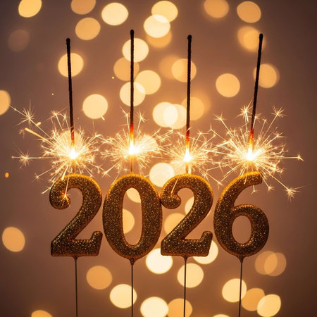 Happy New Year 2016 with sparklers on bokeh lights background