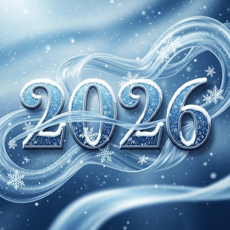 Happy New Year with snowflakes on a blue background.