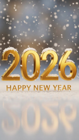 Happy New Year. Golden numbers on snow background. 3d render