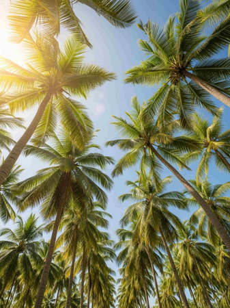 Coconut palm trees on blue sky background. Summer holiday concept