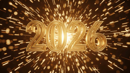 Happy New Year 2022. 3D illustration. Gold bokeh background.
