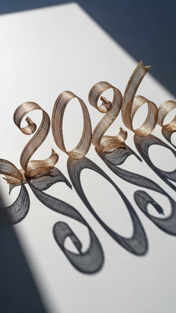 Happy New Year with ribbons on a white background with shadow