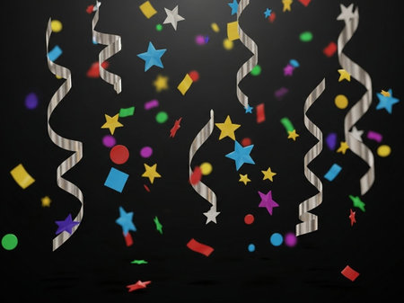 Celebration background with confetti and ribbons on dark backgroundの写真素材
