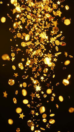 Golden confetti on a black background. Festive abstract background.の写真素材
