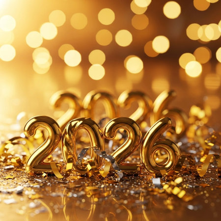 Happy New Year. Gold numbers on bokeh backgroundの写真素材