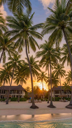 Beautiful sunset on the beach with palm trees.の写真素材