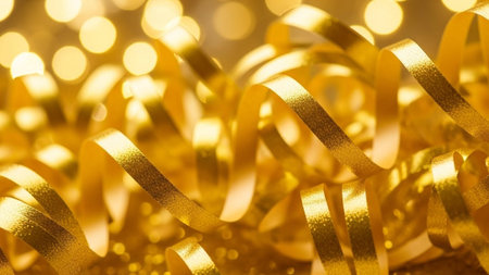golden ribbon on bokeh background, Christmas and New Yearの写真素材