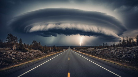 Storm over the road in Norway, Scandinavia, Europe. Dramatic sky.の写真素材