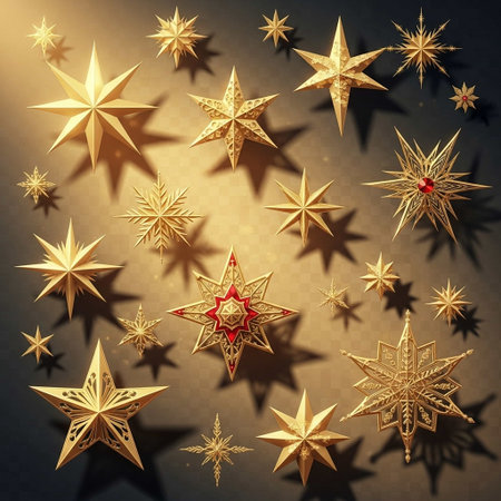 Set of gold Christmas stars on a dark background. Vector illustration.の写真素材