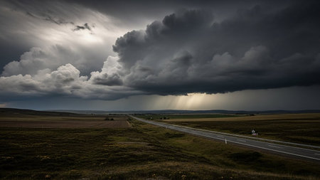 Storm clouds over the road in Iceland. Dramatic stormy sky.の写真素材