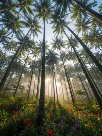 Beautiful tropical forest with palm trees and sunbeams in morningの写真素材