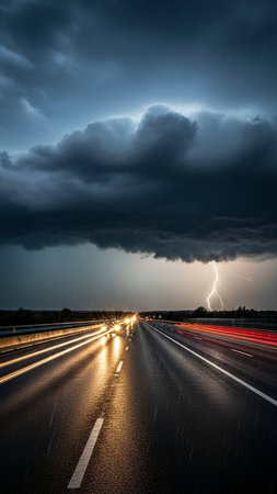 highway at night with light trails and storm clouds. long exposureの写真素材