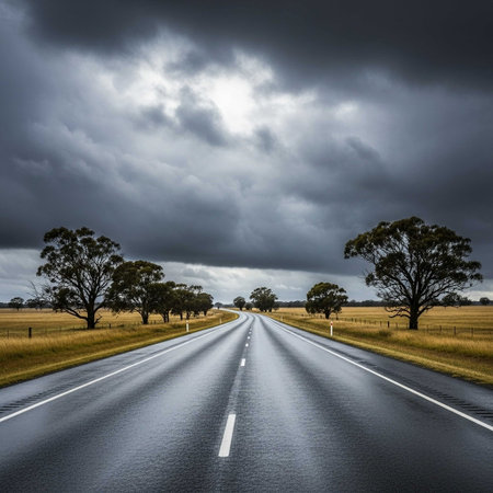 Country road in Australia with stormy sky and stormy clouds.の写真素材