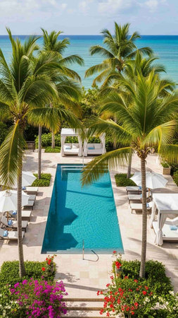 Swimming pool in luxury hotel resort, Caribbean sea, Dominican Republicの写真素材
