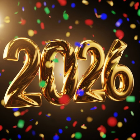 Happy New Year. Gold foil balloon number and confetti. 3D illustrationの写真素材