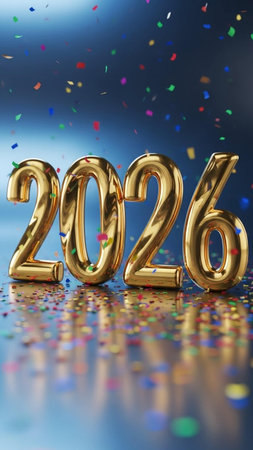 Happy New Year, 3d render. Golden numbers 2026 and confettiの写真素材
