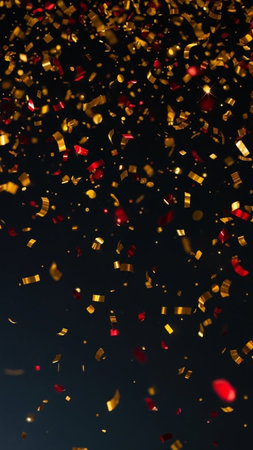 Golden confetti on black background. Festive background. Celebration concept.の写真素材