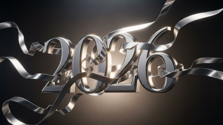 Happy New Year celebration background with silver ribbons. 3D Renderingの写真素材