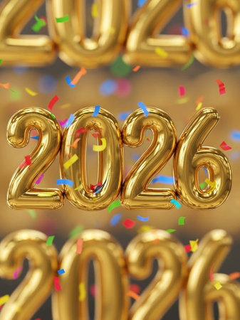 Happy New Year celebration background with golden balloons and confetti.の写真素材