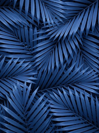 Beautiful tropical palm leaves on dark blue background. Toned.の写真素材