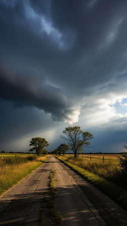 Stormy sky over rural road in countryside of Texas, USA.の写真素材
