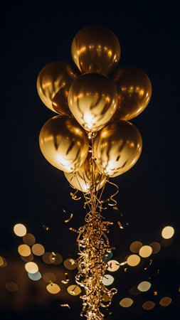 golden balloons on a black background with bokeh, holiday conceptの写真素材