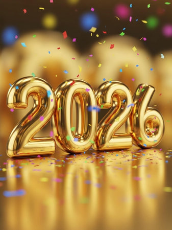 Golden numbers 2016 with confetti. 3D illustrationの写真素材