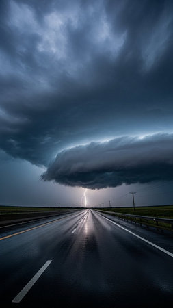 Storm over the highway. Stormy weather with lightning and thunder.の写真素材