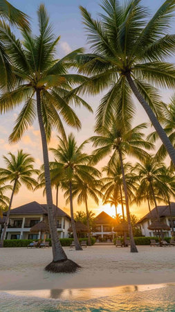 Beautiful luxury swimming pool in hotel resort with coconut palm tree at sunsetの写真素材