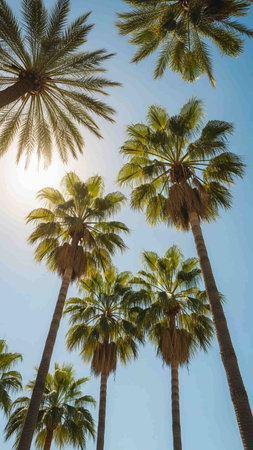 Palm trees against the blue sky and sun. Summer background.の写真素材