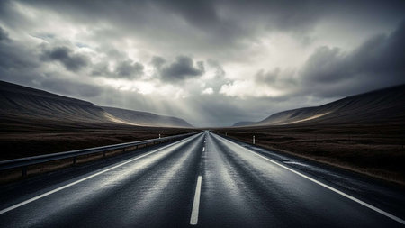 Highway in Iceland with dramatic sky and stormy clouds. Long exposure.の写真素材
