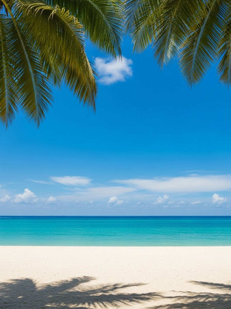 Beautiful tropical beach with coconut palm tree on blue sky and white sandの写真素材