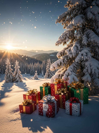 Christmas and New Year background with gift boxes and fir trees in the mountainsの写真素材