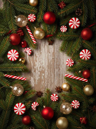 Christmas background with fir branches, red and golden baubles and candy canesの写真素材