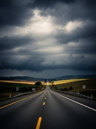 Stormy sky over a country road in the evening.の写真素材