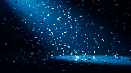 Abstract blue bokeh background with falling confetti. 3d renderingの写真素材