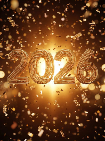 Happy New Year concept. Golden numbers 2026 on bokeh backgroundの写真素材