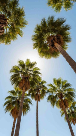 Palm trees on a sunny day with blue sky in the backgroundの写真素材