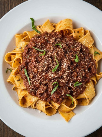Tagliatelle with bolognese sauce on wooden backgroundの写真素材