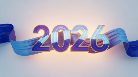 Happy New Year 2016. 3d render. Abstract background with blue ribbon.の写真素材